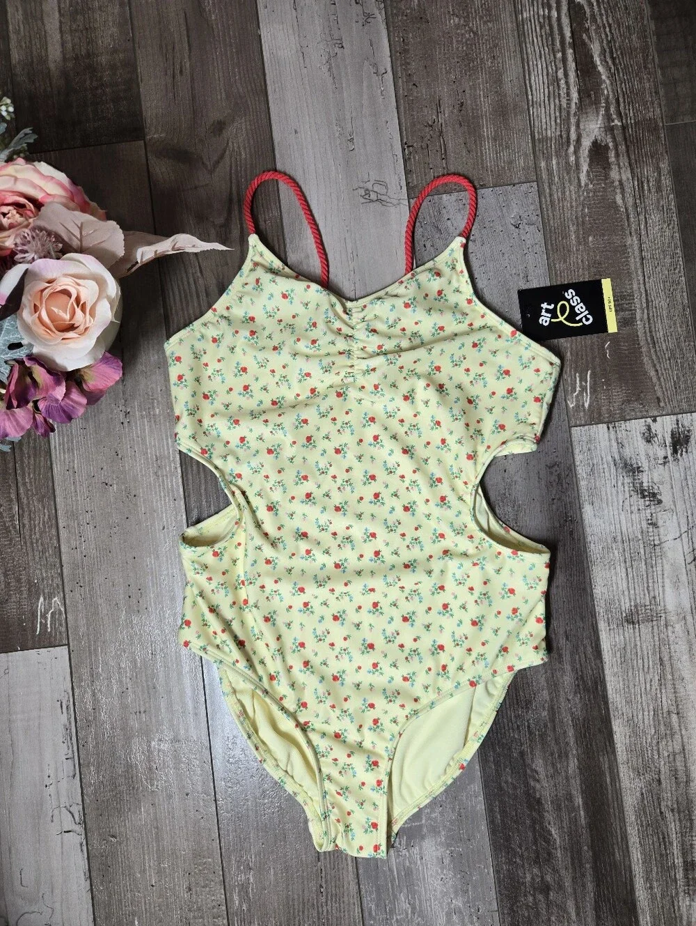 NWT Art Class Girls Yellow Floral Cutout One Piece Swimsuit Size XL 14 Plus